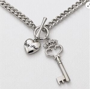 y2k Baby Phat Chain Link Toggle Necklace Key Heart Charms Rhinestones Valentines